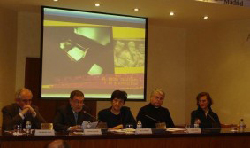 José Miguel Oriol, Eugenio Nasarre, <br>Emilia Guarnieri, y Luis Lezana <br>en la presentación del Meeting.