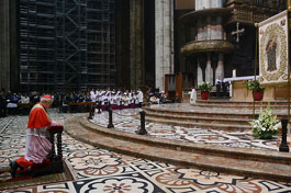 El cardenal Scola durante el rezo del rosario.